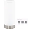 A white cylindrical table lamp with a silver base, shown on a white background with product specifications. Náhľad obrázku produktu