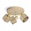 A three-headed ceiling light fixture with beige lampshades and gold accents, presented against a white background. Produktbild-Vorschau