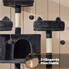 A close-up view of a multi-level cat tree with hanging plush balls and a cat house. Produktbild-Vorschau