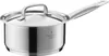 A stainless steel saucepan with a lid and a long handle, shown against a white background. Produktbild-Vorschau