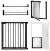 A collage of images showing a black metal baby gate and its components, including a door frame with the gate installed. Voir les images du produit