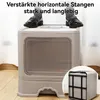 A person is standing on a cat litter box, demonstrating its sturdiness. A smaller inset image shows the internal structure of the litter box. Produktbild-Vorschau