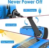 A collage showing different ways to charge and power a blue emergency radio. Produktbild-Vorschau