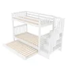 A white bunk bed with a pull-out trundle bed and a staircase with storage. Voir les images du produit