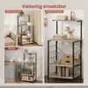 A collage of images showing a multi-purpose shelving unit in different room settings: a living room, a kitchen, and a study/office. Produktbild-Vorschau