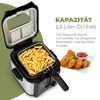 A deep fryer filled with french fries, next to a plate of chicken nuggets and ketchup, with descriptive text about capacity. Produktbild-Vorschau