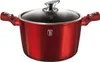 A red pot with a glass lid and silver handles sits on a white background. Voir les images du produit