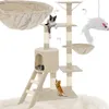 A cat tree with multiple levels, scratching posts, and hanging toys, featuring several cats interacting with it. Produktbild-Vorschau