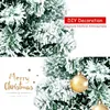 A close-up view of a decorated artificial Christmas tree with snow-like flocking and golden ornaments, split into two sections with marketing text. Produktbild-Vorschau