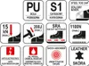 A grid of icons and text indicating safety features and specifications of safety shoes. Produktbild-Vorschau
