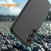 A black phone case is shown on a rocky surface, with a blue outline highlighting its protective features. Produktbild-Vorschau