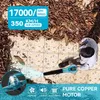 A person is using a leaf blower to clear leaves from a tiled patio. Produktbild-Vorschau
