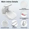 A collage of close-up images and diagrams highlighting the features of a white shower footrest. Produktbild-Vorschau