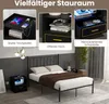 A collage of images showcasing a black nightstand with LED lights and USB ports, alongside a bed frame. Náhled obrázku produktu