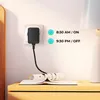 A smart plug is shown plugged into a wall socket, with a book open on the nightstand below. Text overlays indicate scheduled on/off times. Produktbild-Vorschau