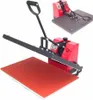 A red heat press machine with a black handle and a red pressing mat is shown against a white background. A smaller, similar machine is visible in the background. Produktbild-Vorschau