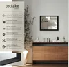 A mirror is displayed on a wall above a wooden cabinet, with decorative items on the cabinet. The left side of the image contains marketing text and icons. Produktbild-Vorschau