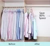 A split image showing a "before" and "after" of organizing clothes in a closet using a special hanger. Produktbild-Vorschau