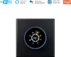 A black smart thermostat with a circular digital display showing temperature and icons. Produktbild-Vorschau