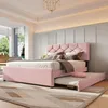 A pink upholstered bed with a pull-out trundle bed in a bedroom setting. Anteprima dell’immagine prodotto