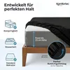 A black fitted sheet is shown on a bed, with diagrams illustrating its compatibility with different mattress types and features. Produktbild-Vorschau