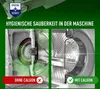 A split image showing the inside of a washing machine drum. The left side shows a dirty drum with green highlighting indicating grime, labeled 'OHNE CALGON' (without Calgon) and a red cross. The right side shows a clean drum, labeled 'MIT CALGON' (with Cal Produktbild-Vorschau
