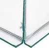 A close-up view of the corner of a greenhouse made of transparent plastic sheeting with green trim and support poles. Produktbild-Vorschau