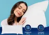 A woman sleeping peacefully on a pillow, with product details displayed in circular icons. Produktbild-Vorschau