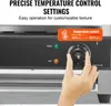 A hand is shown adjusting the temperature dial on a black appliance, with text overlays highlighting its features. Náhled obrázku produktu