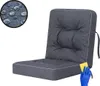 A dark gray cushion for a swing or bench, with a close-up inset showing water droplets on fabric, and a hand in a blue glove cleaning the cushion with a yellow sponge. Náhled obrázku produktu