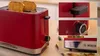 A collage of a red Bosch toaster with toast in it, and close-ups of its features. Voir les images du produit