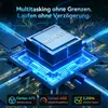 A stylized, futuristic depiction of a computer chip with glowing blue circuits and text highlighting performance features. Produktbild-Vorschau