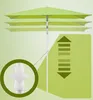 A rectangular umbrella shown in multiple positions, with a close-up of its height adjustment mechanism and a diagram illustrating height adjustment. Produktbild-Vorschau