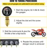An instructional image showing the steps for tuning a motorcycle carburetor using a vacuum gauge kit. Voir les images du produit
