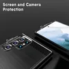 A close-up marketing image showing the back and front edges of a black phone case, highlighting its screen and camera protection features with text overlays indicating thickness. Produktbild-Vorschau