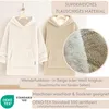 Two hooded blankets are displayed, one cream and one beige, with a close-up inset showing the material texture. Text overlays describe the product features and certifications. Produktbild-Vorschau