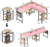 Two views of a modular desk, one L-shaped and one straight, with dimensions and close-ups of shelving. Anteprima dell’immagine prodotto