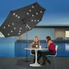 Two women are sitting at a table under a large umbrella with lights, next to a swimming pool. Produktbild-Vorschau