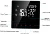 A digital thermostat display with labels pointing to different functions and readings. Produktbild-Vorschau