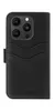 A black leather wallet-style phone case for an iPhone 14 Pro is shown from the back. Produktbild-Vorschau