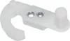A white plastic hook with two metal screw holes. Produktbild-Vorschau