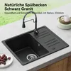 A black granite kitchen sink with a faucet is shown on a countertop, with some fruit on a plate to the left and a mug on a plate to the right. Produktbild-Vorschau