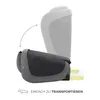 A car seat is shown in a folded position, with an arrow indicating a folding motion. Text below suggests it is easy to transport. Produktbild-Vorschau