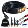 A set of pressure washer accessories including a hose, nozzles, and a storage bag, laid out on a white background. Produktbild-Vorschau