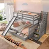 A child's bedroom with a grey bunk bed featuring a slide and stairs, decorated with stuffed animals and clouds. Produktbild-Vorschau