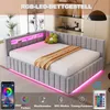 A modern bed frame with integrated LED lighting and a smartphone app interface shown in the foreground. Produktbild-Vorschau