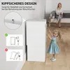 A child is interacting with a white cabinet, while a woman sits on a sofa in the background. The image also includes diagrams illustrating product safety. Produktbild-Vorschau