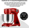A red KLAMER stand mixer is shown with a close-up of its digital display and control panel. Text describes its features. Produktbild-Vorschau