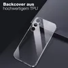 A clear phone case is shown on a dark, reflective surface, with text overlay indicating its material. Produktbild-Vorschau