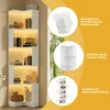 A corner bookshelf with LED lighting, shown with decorative items and text overlays highlighting its features. Voir les images du produit